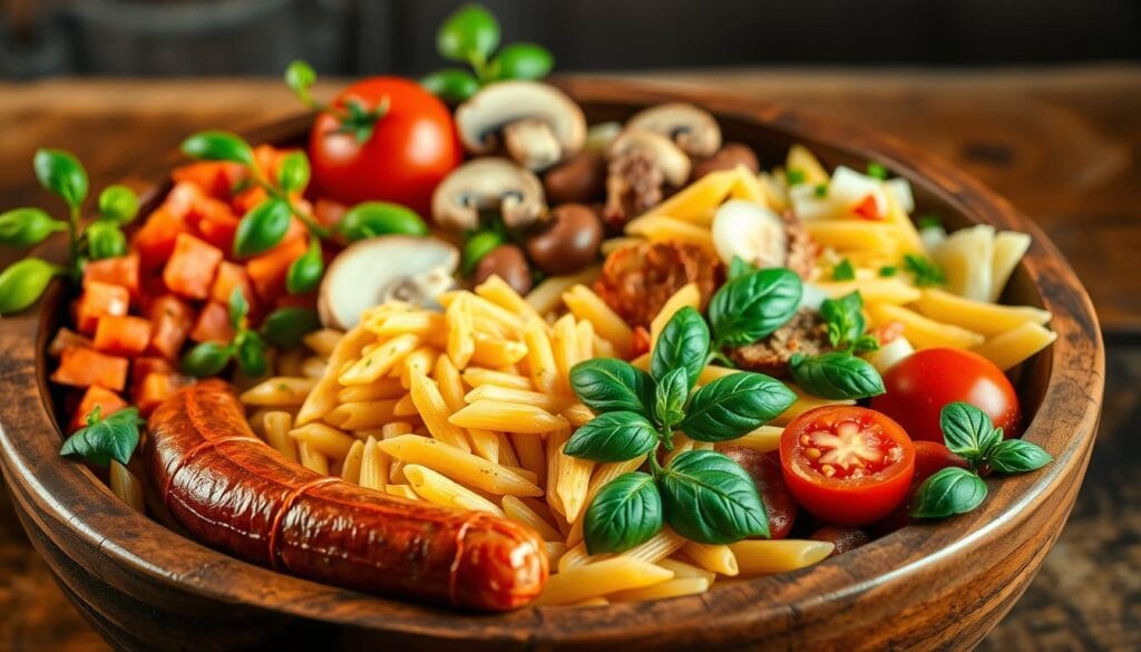 Hillshire Farms Smoked Sausage Pasta Bake ingredients in a bowl Hillshire Farms Smoked Sausage Pasta Bake ingredients in a bowl
