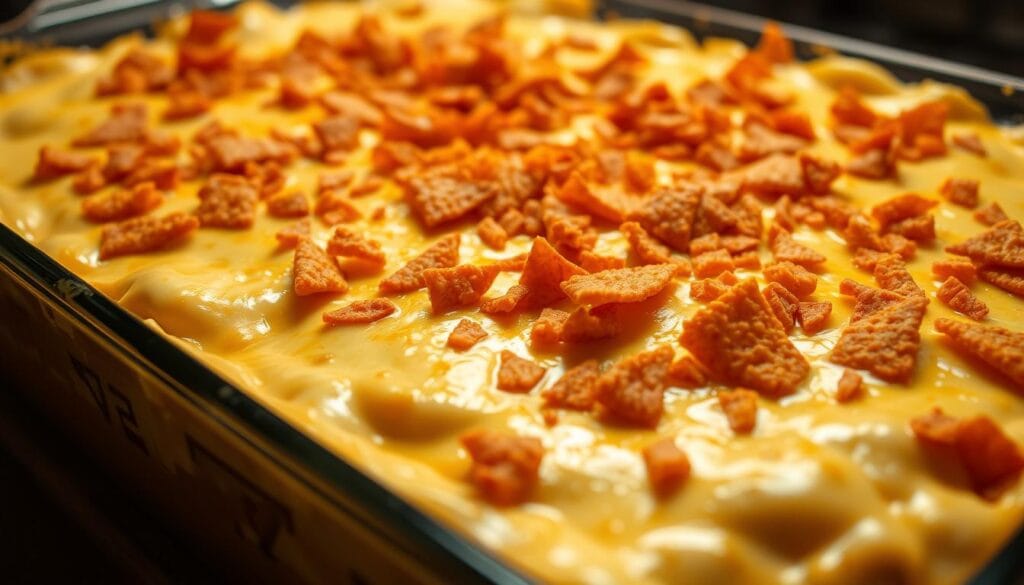 Cheesy and creamy layers in a casserole with crunchy Doritos topping