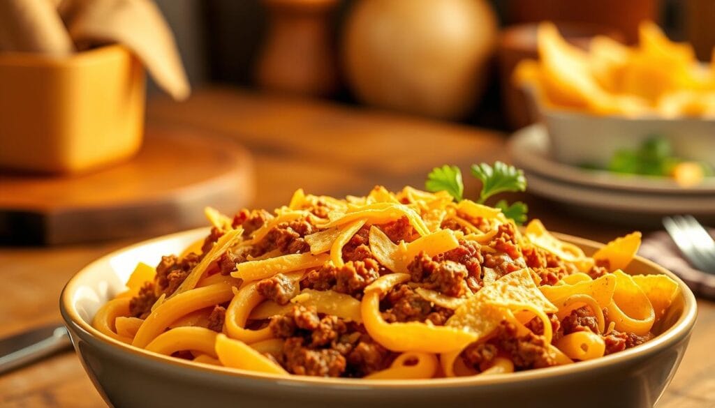 Cheesy beef taco pasta with tortilla strips