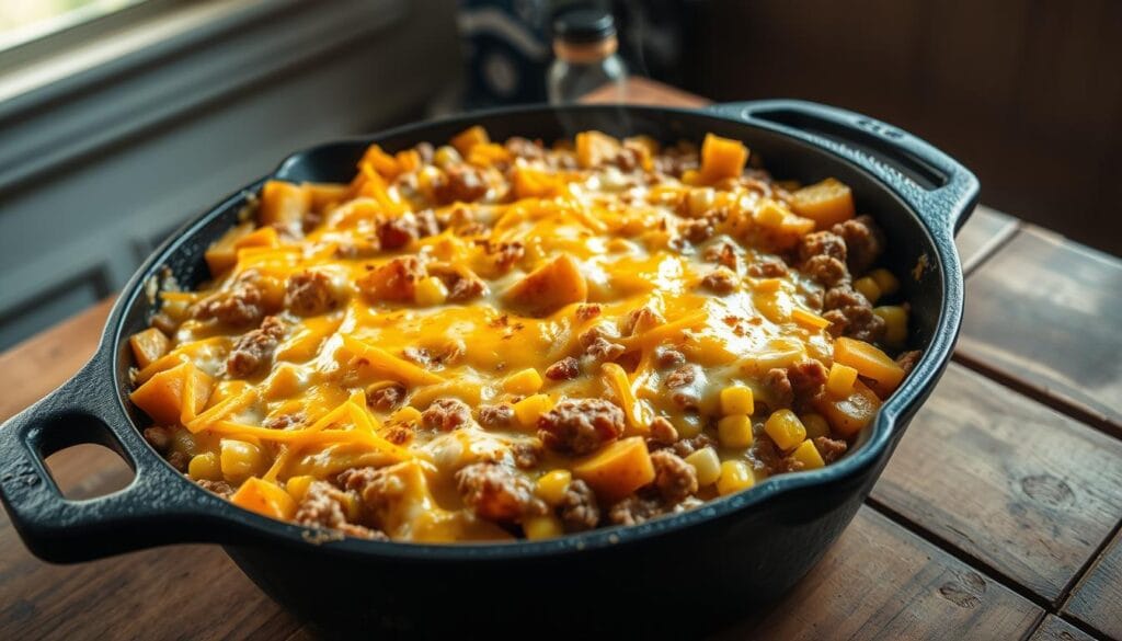 Cheesy cowboy casserole baking in a cast-iron skillet