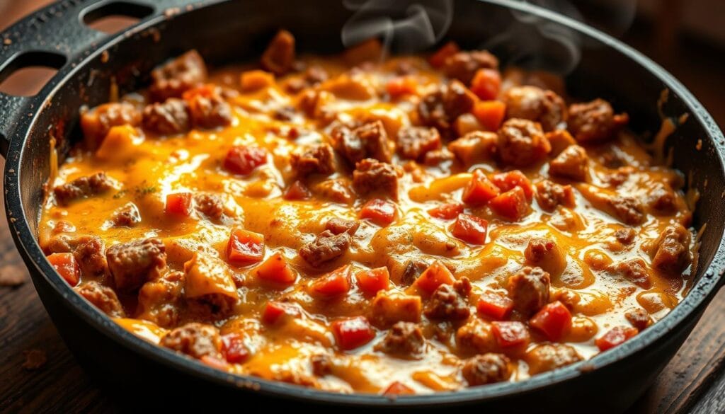 Cheesy cowboy casserole in a cast-iron skillet