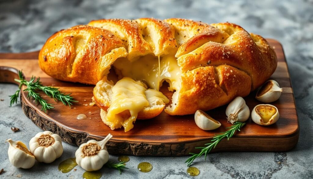 Cheesy garlic bread presentation on a rustic board