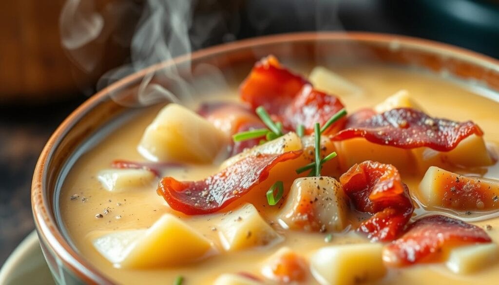 Cheesy potato bacon soup with herbs