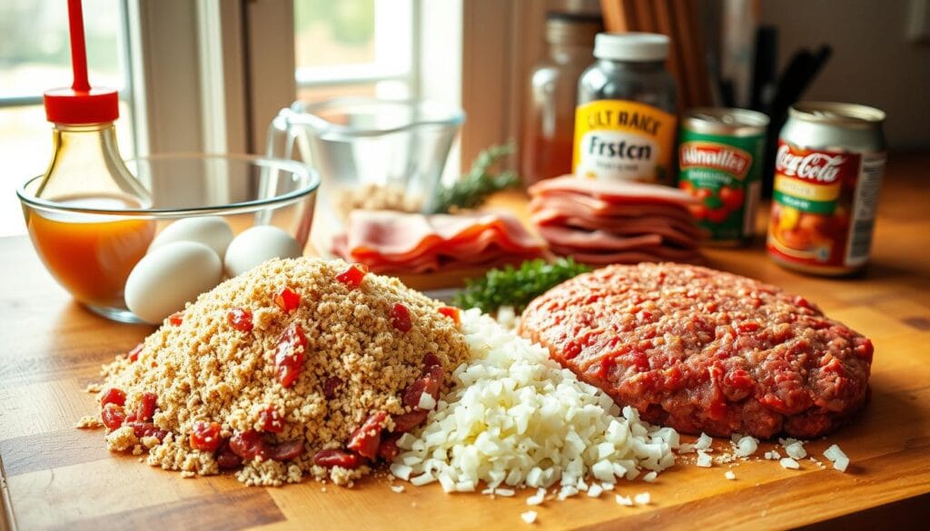Classic meatloaf ingredients arranged on a counter