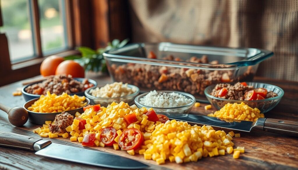 Cowboy casserole meal prep ingredients and tools