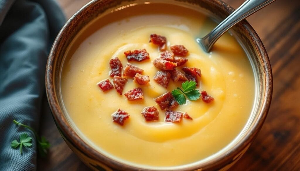Creamy potato bacon soup in a bowl with bacon bits