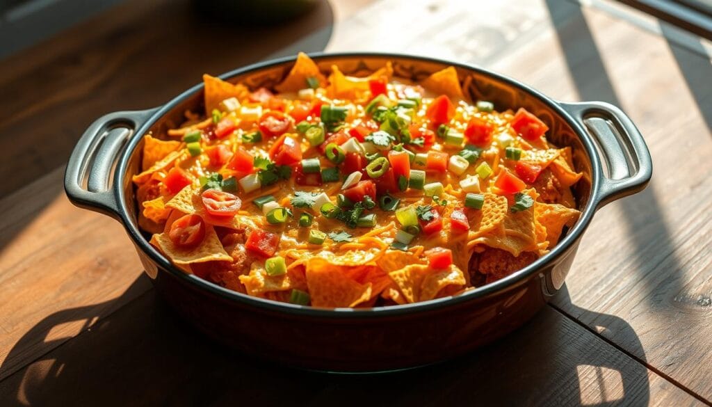 Crispy chicken casserole with toppings