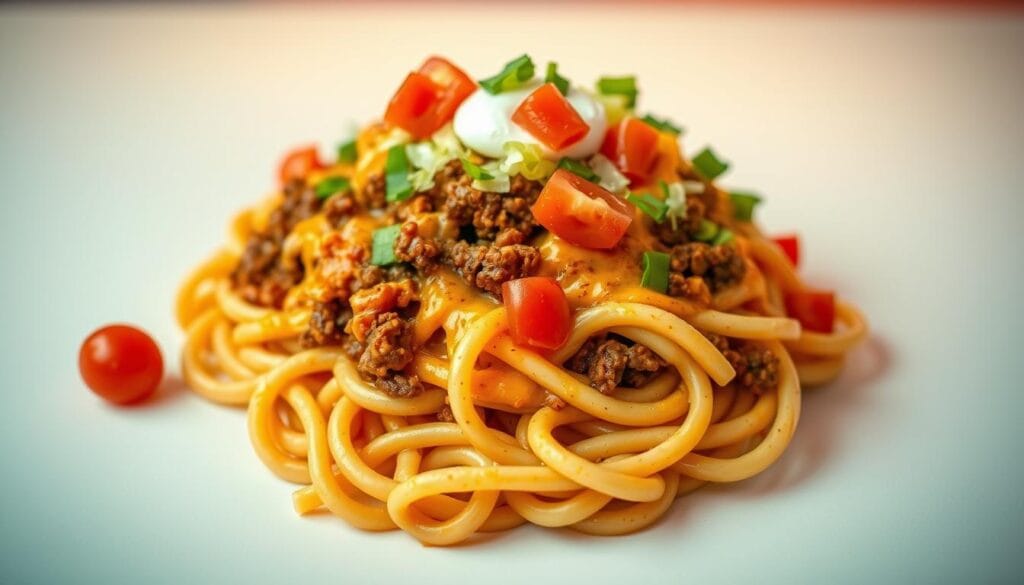 Delicious taco pasta dinner with toppings