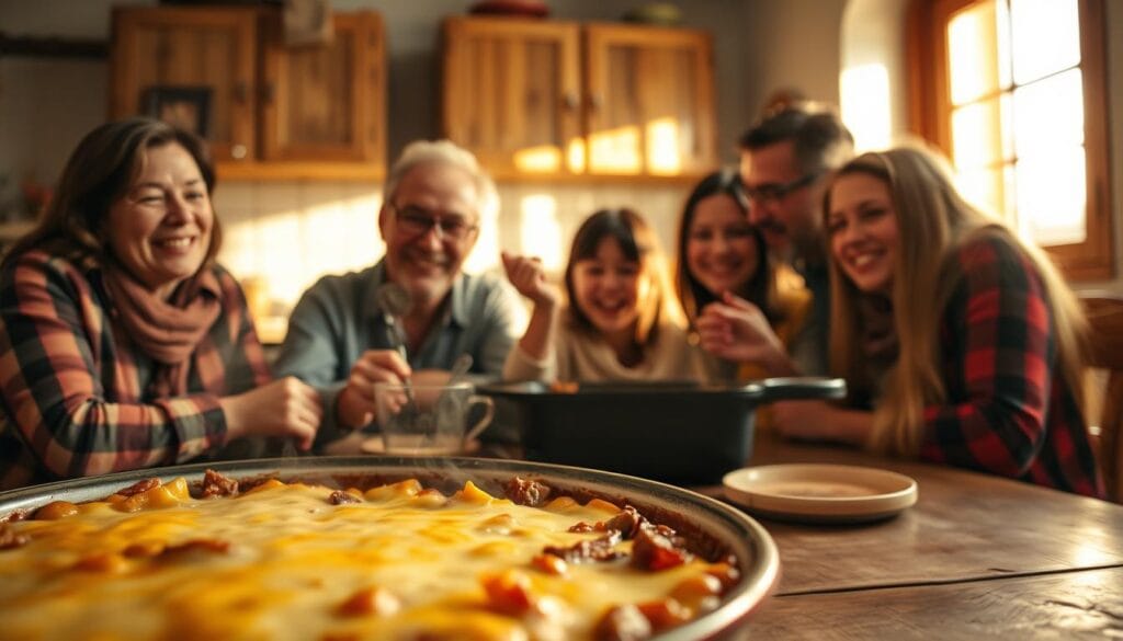 Family enjoying a cheesy and beef casserole