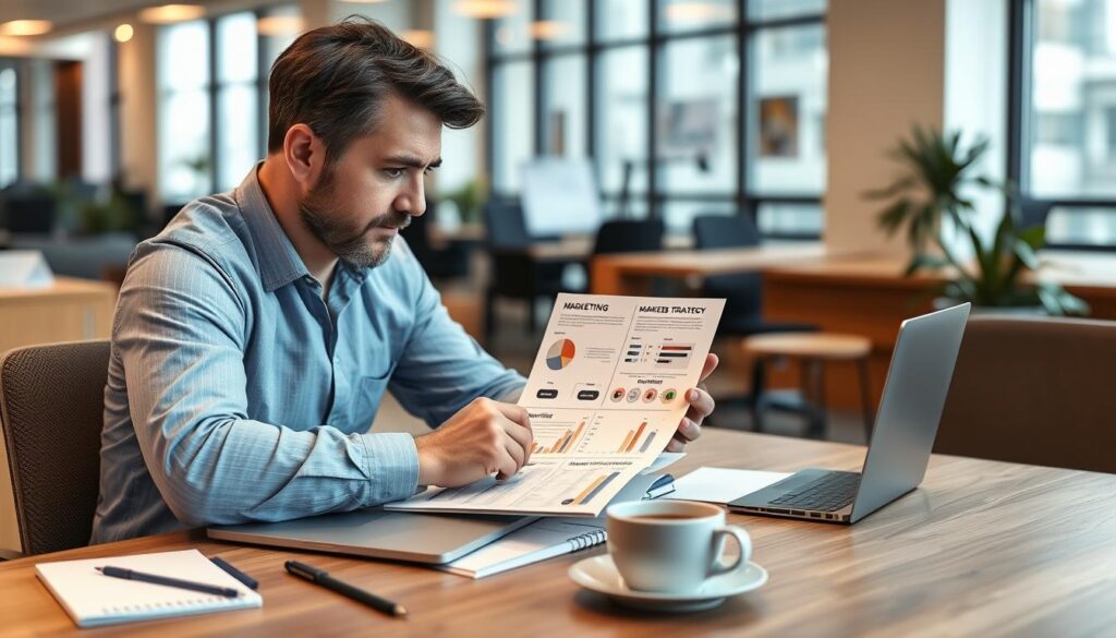 Generate an image of a business professional reviewing marketing strategy templates on a laptop.