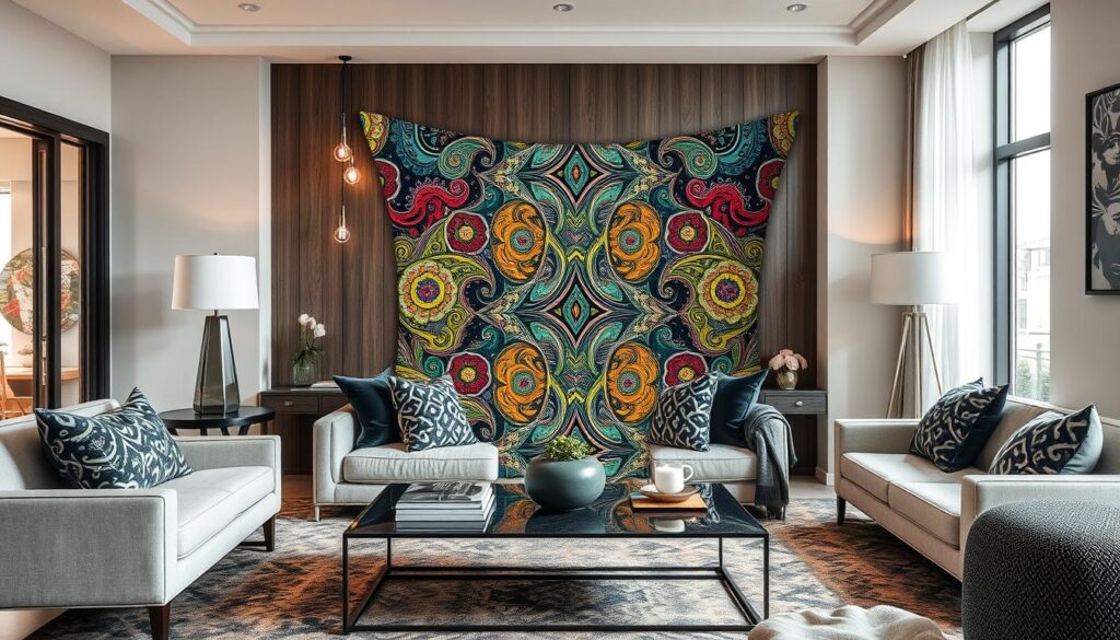 Generate an image of a customized textile print used as a throw pillow in a stylish living room.