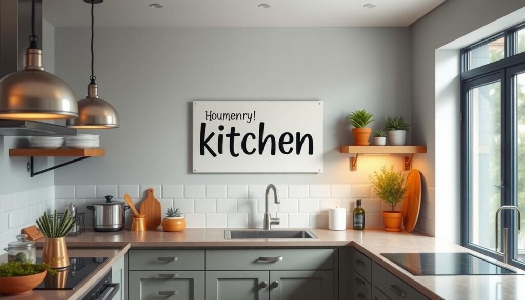 Generate an image of a kitchen with a funny kitchen talk print on the wall.