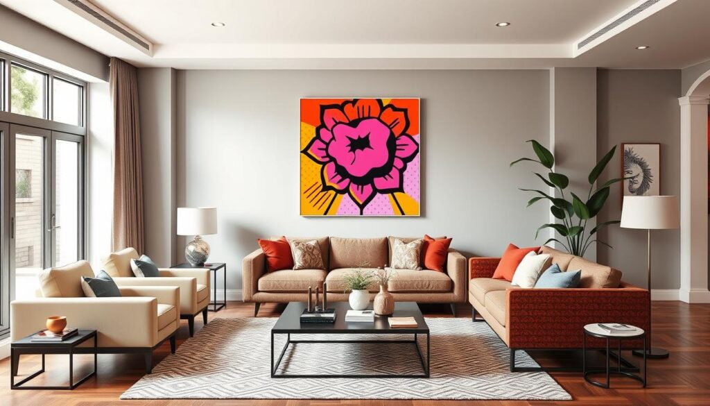 Generate an image of a modern living room with a bold pop art print on the wall.