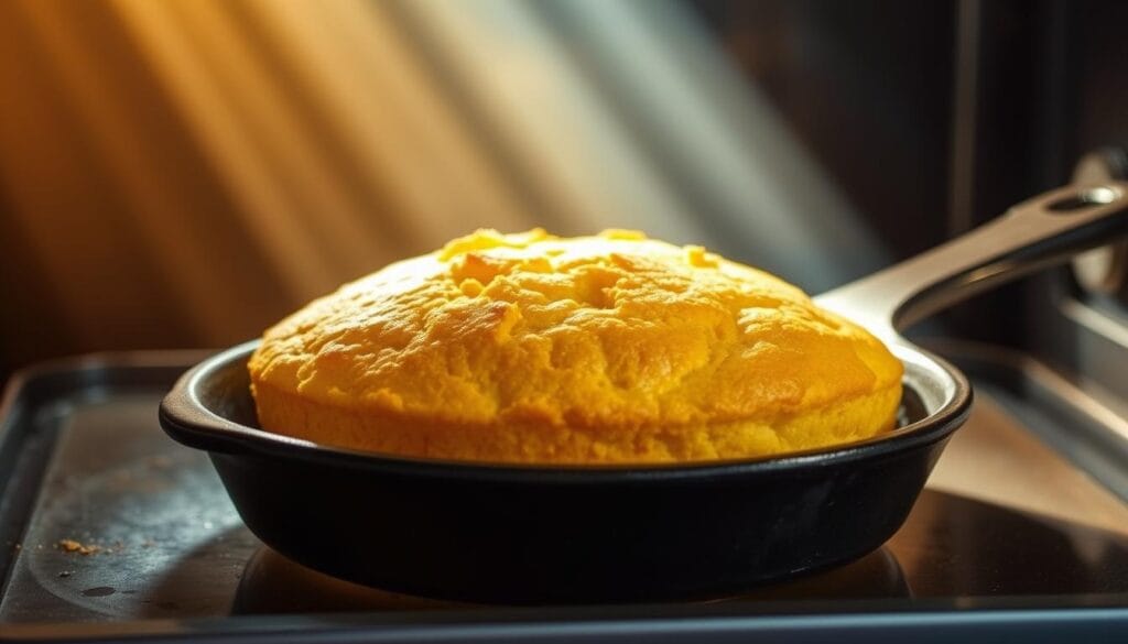 Golden cornbread in a cast-iron skillet