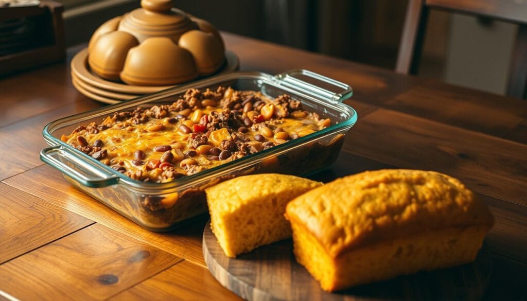 Homemade cowboy casserole with cornbread ready for baking