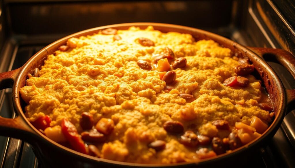 One-pot cowboy casserole with cornbread in an oven-safe dish