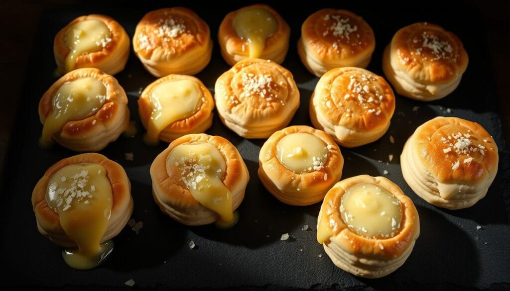 Pillsbury biscuit garlic bombs arranged on a slate board