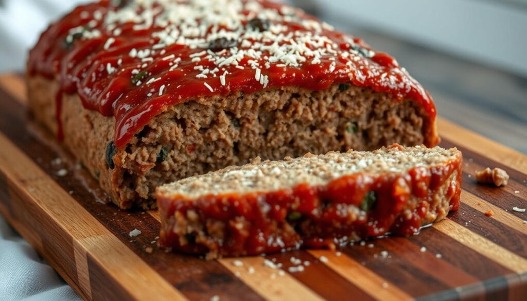 Traditional Italian meatloaf with marinara and parmesan