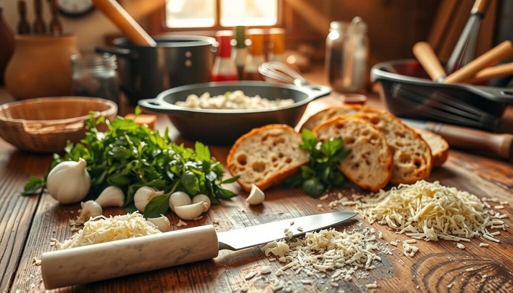 homemade garlic bread ingredients and tools