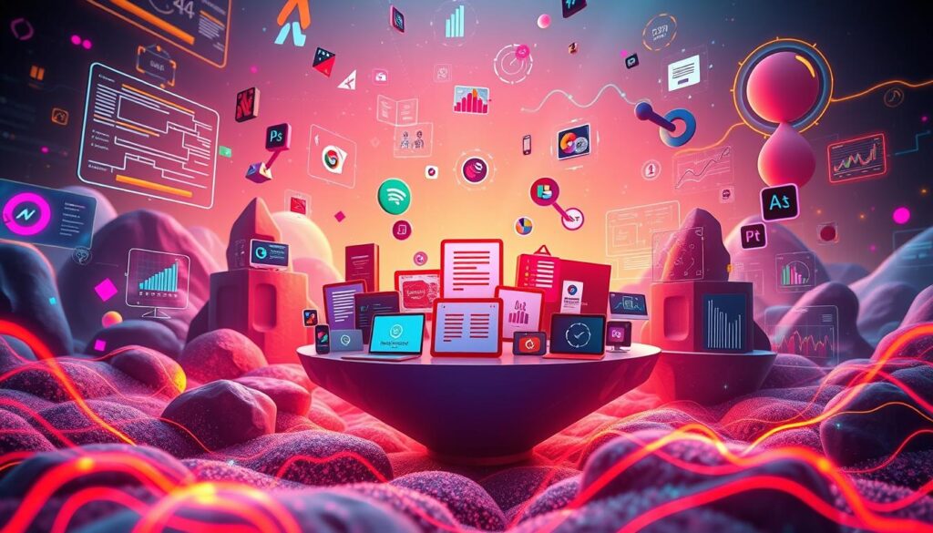 A vibrant digital landscape, with a collage of online marketing icons and interactive UI elements floating in a futuristic, neon-tinged environment. A central focal point showcases a group of digital product icons - e-books, software, online courses - arranged in an eye-catching, visually-striking display. The scene is illuminated by a warm, diffused lighting, casting a soft, inviting glow. The composition is balanced, with the product icons framed by a mixture of digital wireframes, data visualizations, and vibrant, abstract patterns, creating a sense of depth and dynamism. The overall mood is one of innovation, creativity, and the boundless possibilities of digital marketing. A vibrant digital landscape, with a collage of online marketing icons and interactive UI elements floating in a futuristic, neon-tinged environment. A central focal point showcases a group of digital product icons - e-books, software, online courses - arranged in an eye-catching, visually-striking display. The scene is illuminated by a warm, diffused lighting, casting a soft, inviting glow. The composition is balanced, with the product icons framed by a mixture of digital wireframes, data visualizations, and vibrant, abstract patterns, creating a sense of depth and dynamism. The overall mood is one of innovation, creativity, and the boundless possibilities of digital marketing.