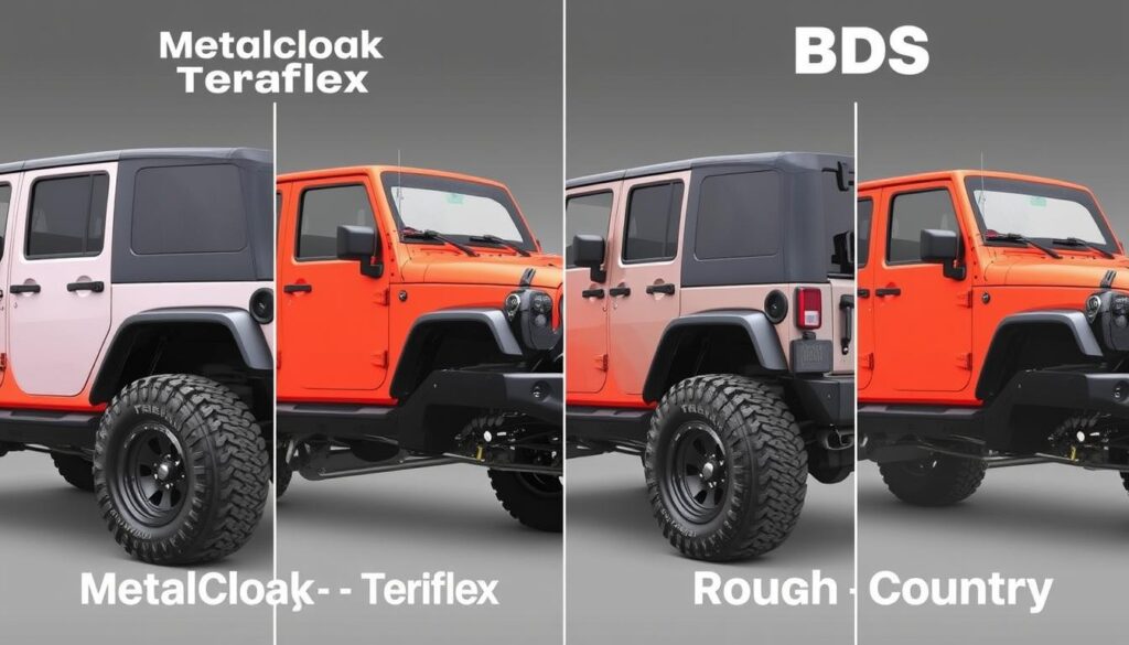 Comparison of different lift kit brands for Jeeps showing height differences