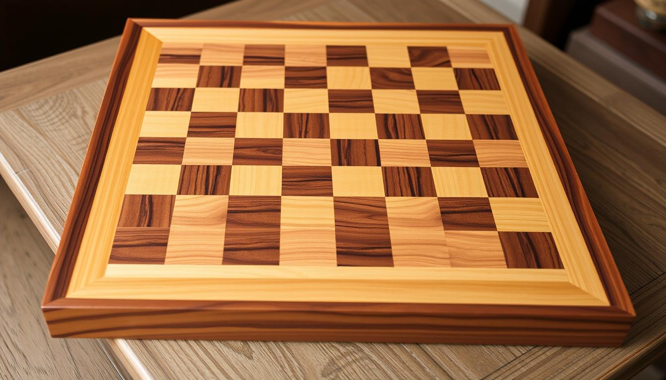 Finished wooden checkerboard with contrasting maple and walnut squares