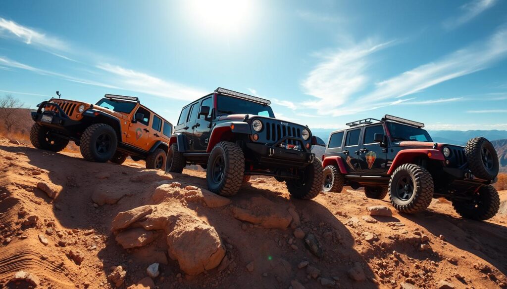 Group of Jeeps with different lift kit brands showing varied capabilities on off-road terrain