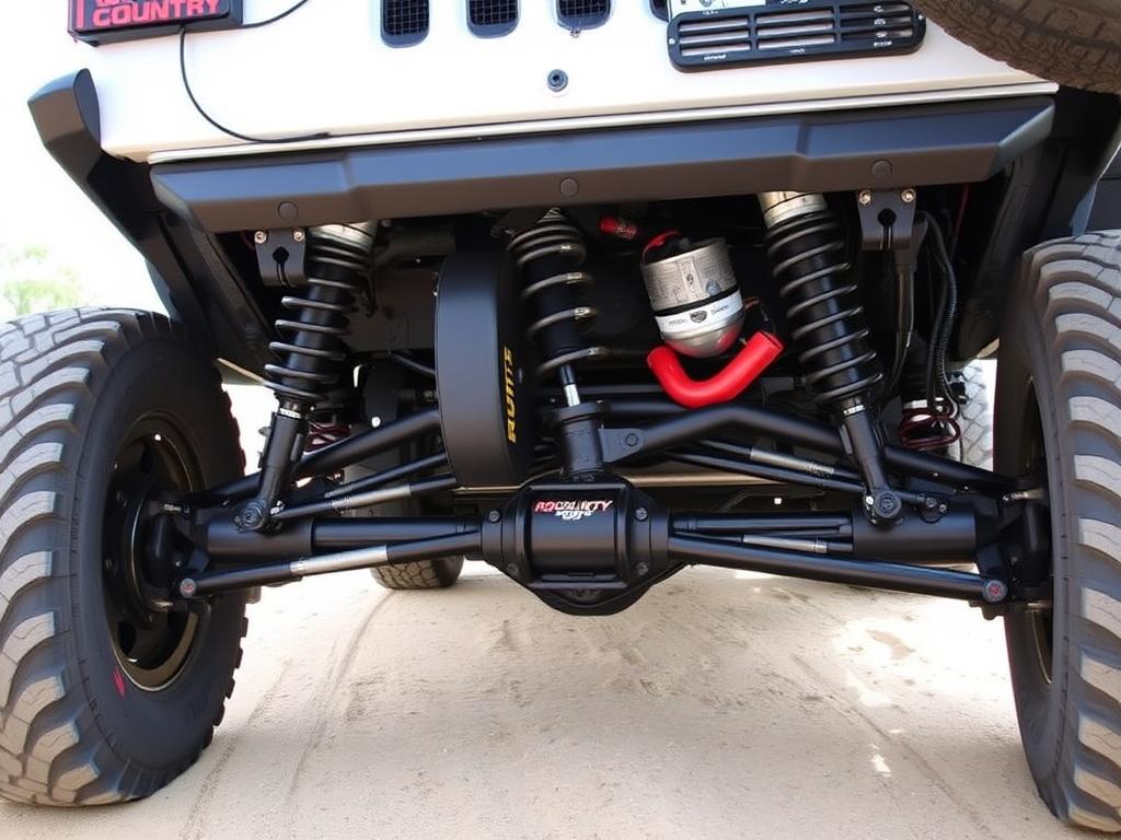 Rough Country lift kit on a Jeep Wrangler showing value-oriented components Rough Country lift kit on a Jeep Wrangler showing value-oriented components